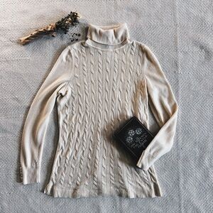 Talbots Lambswool Blend Cream White Cable Knit Turtleneck Pullover Sweater